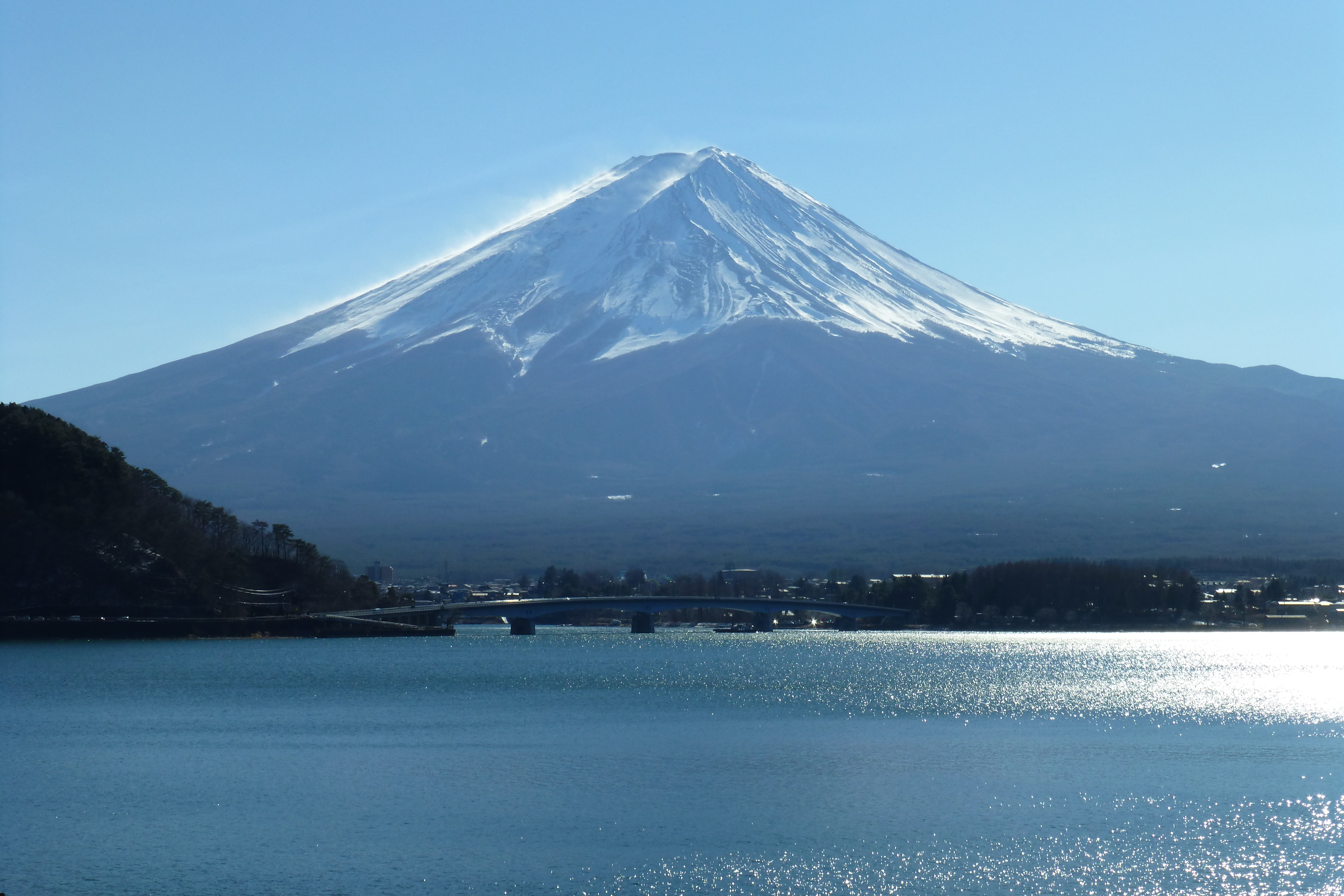 河口湖湖面與遠方的富士山